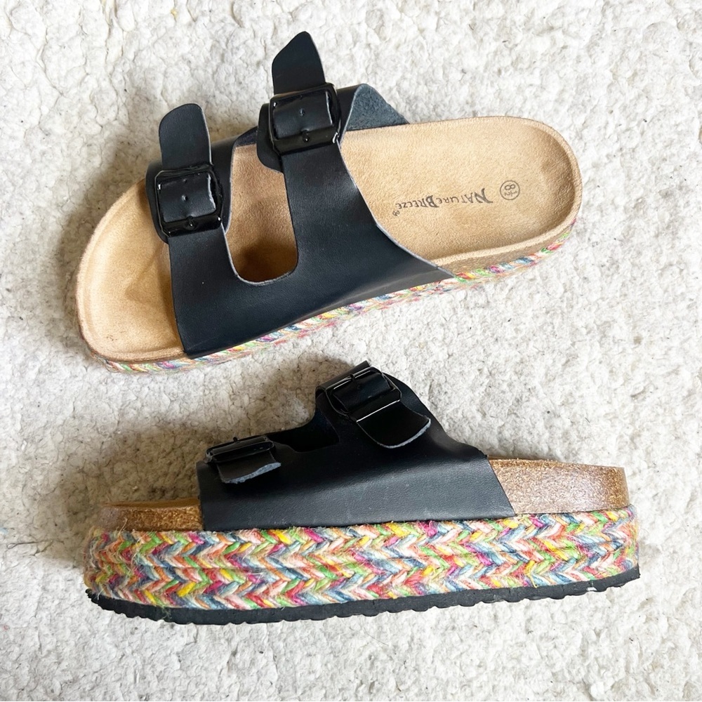 Nature Breeze: Black with Rainbow Jewel Tone Woven Platform Slip On Sandals